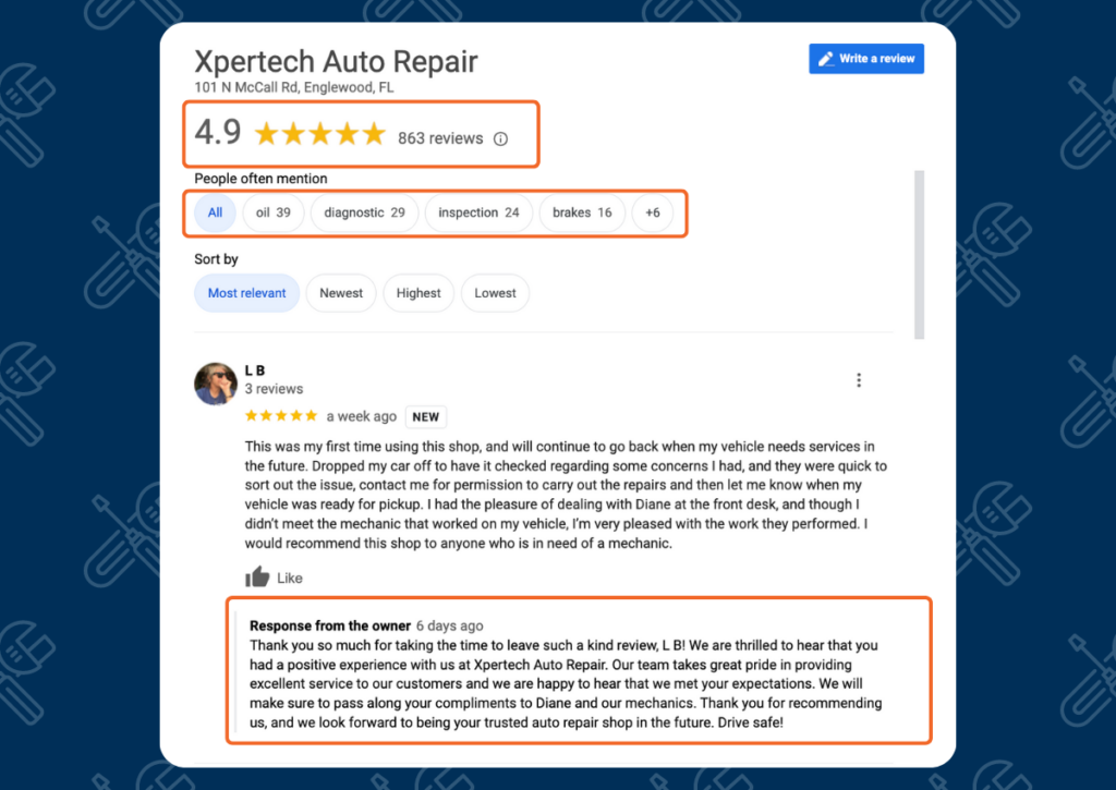 Auto Repair Shops local SEO - Google Reviews