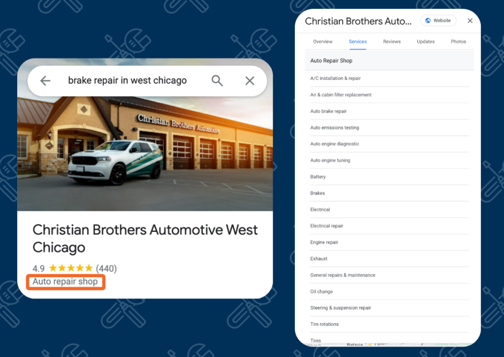 Google My Business Auto Repair Shop Categories and services