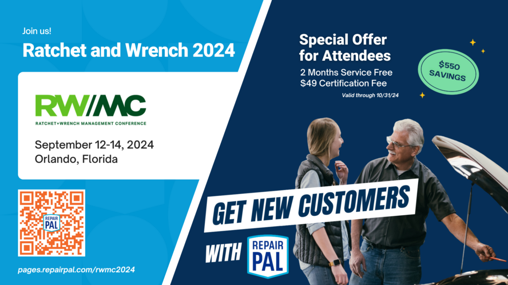 RepairPal is attending Ratchet and Wrench 2024, September 12-14 in Orlando, FL. Attract new customers and build trust with RepairPal.