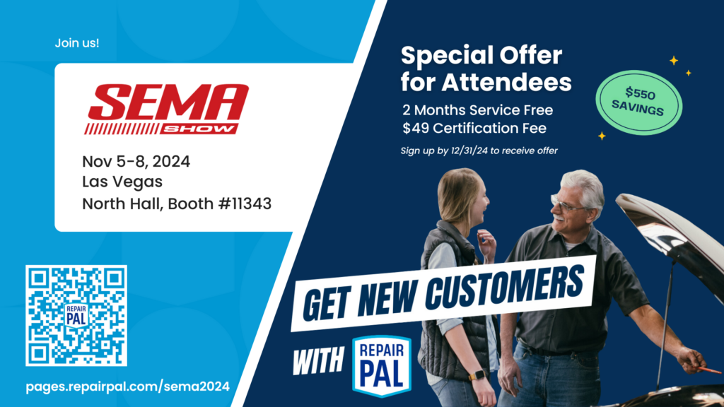 RepairPal is attending the SEMA show! Learn how your repair shop can introduce your shop to new customers, increase customer retention, and build trust.