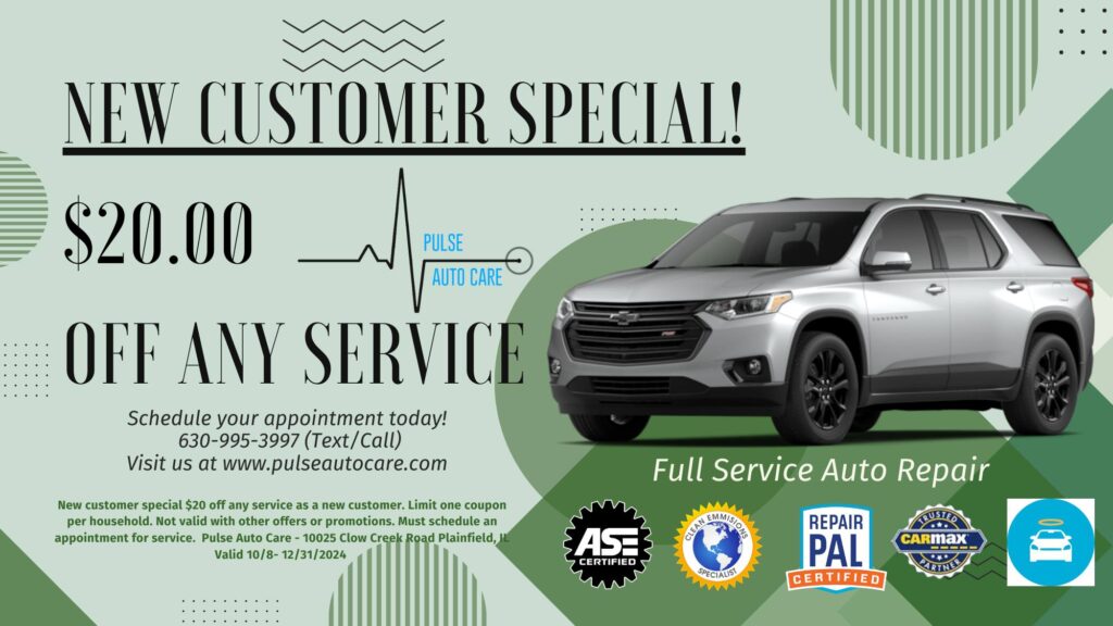 a coupon card for new customers to come in to pulse auto care