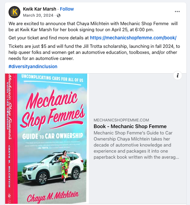 Kwik Kar Marsh was one of several RepairPal Certified shops that hosted Chaya Milchtein’s “Mechanic Shop Femme’s Guide to Car Ownership” book tour.