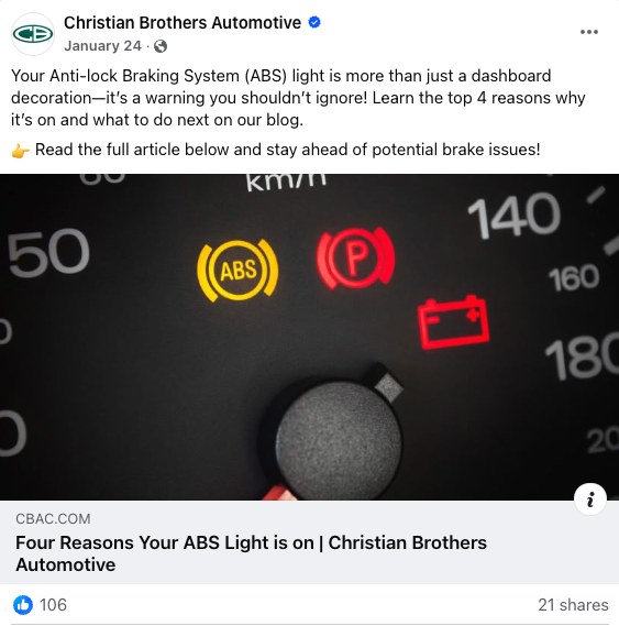 Christian Brothers Automotive does a phenomenal job with educating their customers on blog. They promote their blog information on social media.