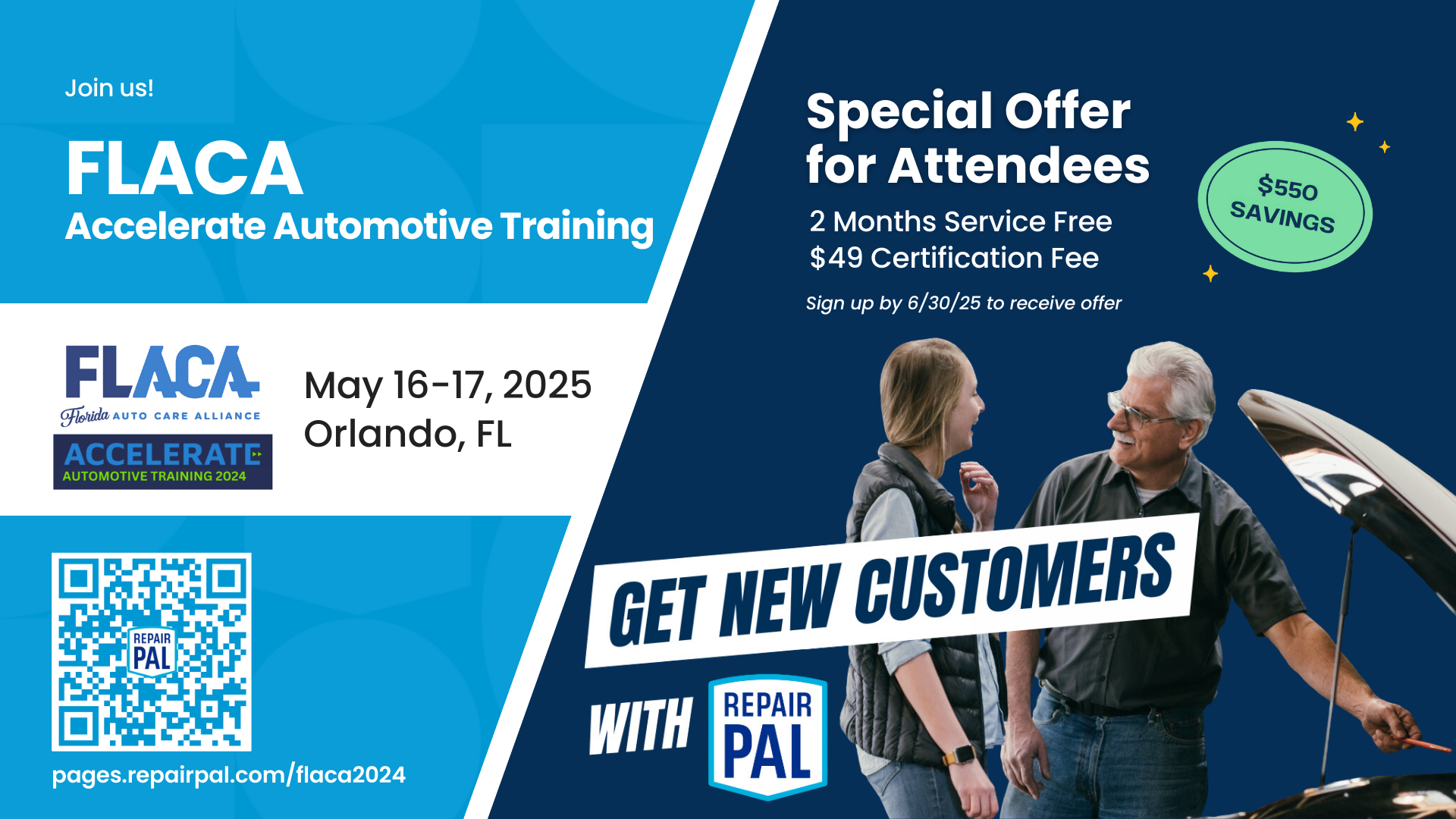 RepairPal is attending FLACA Accelerate Automotive Training on May 16-17 in Orlando, FL. Get 2 months free + a $49 certification fee.