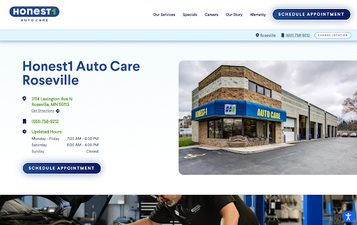 Honest1 Auto Care’s website has clear calls-to-action, is mobile friendly, highlights services and allows customers to schedule appointments online.