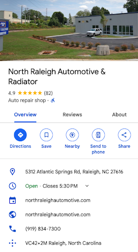 RepairPal Certified shop, North Raleigh Automotive & Radiator, is a great example to look up to when starting a Google Business Profile.