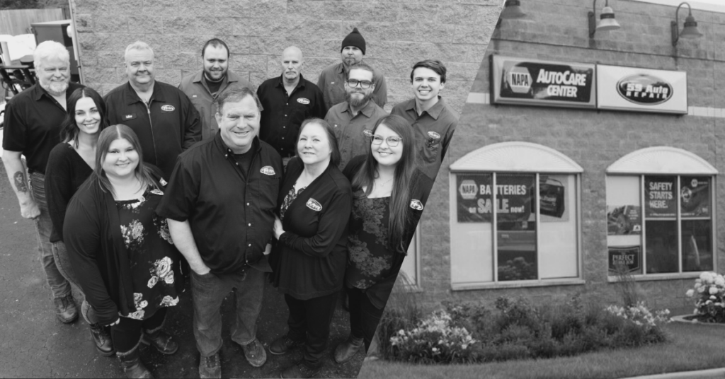 A black-and-white composite image featuring the team at 59 Auto Repair and the exterior of their auto shop. The left side of the image showcases a group of smiling employees standing in front of a brick building, while the right side highlights the storefront with signage for NAPA AutoCare Center and 59 Auto Repair.