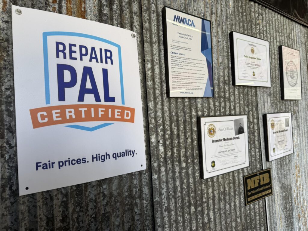 Clete’s Auto Service displays their RepairPal Certification, Midwest Auto Care Certification, and Inspection Reports on display in their waiting room area.