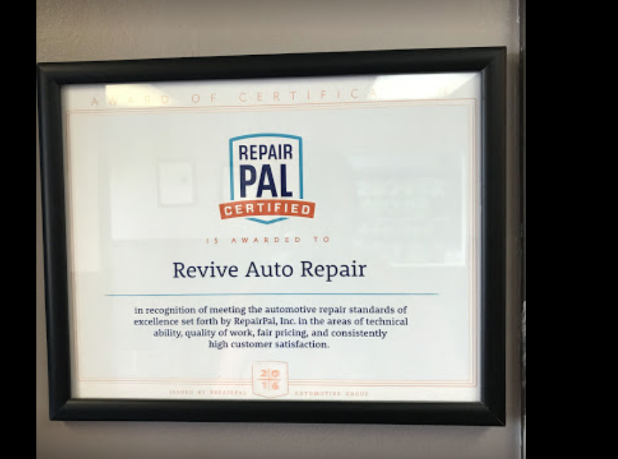 RepairPal Certified Shop, Revive Auto Repair (Troy, MI), proudly displays their RepairPal Certification in the waiting area