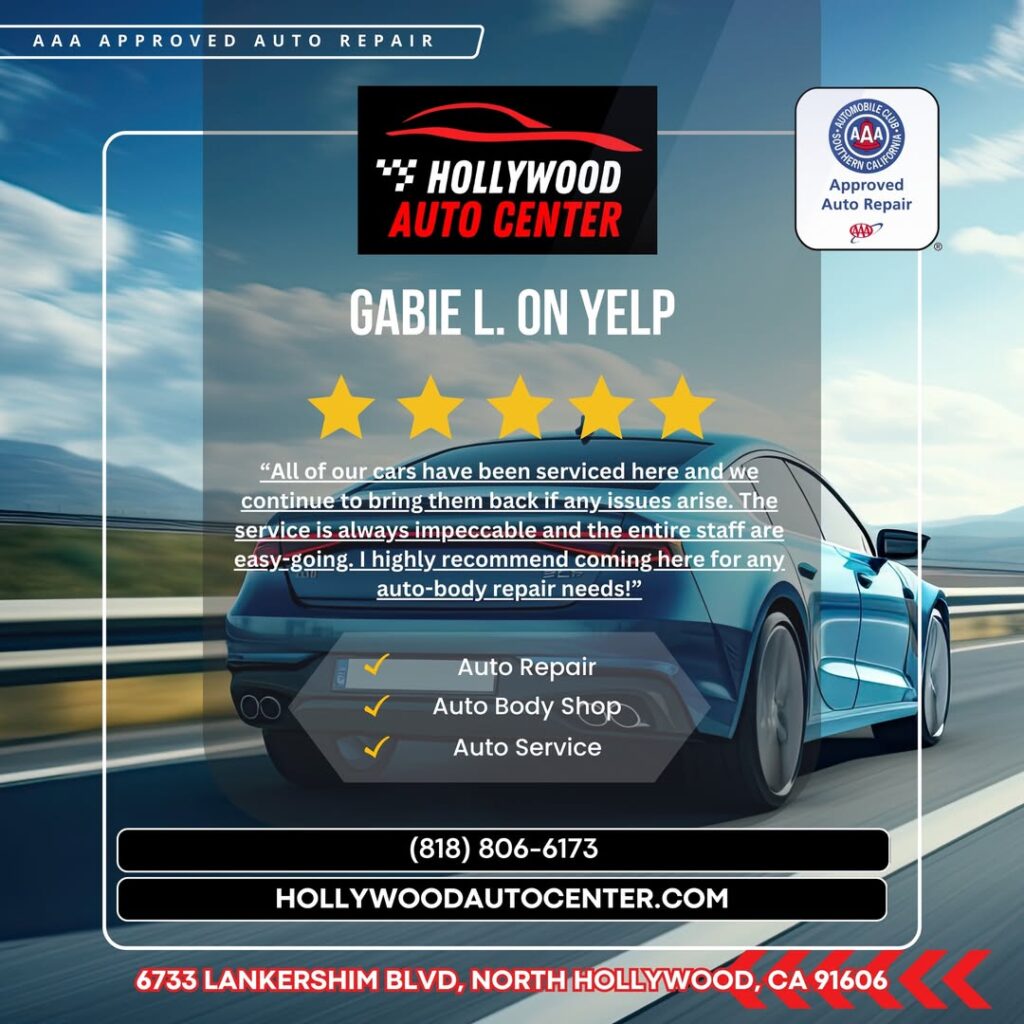 RepairPal Certified shop, Hollywood Auto Center, featured a 5-star Yelp review on their Facebook Page to build trust.